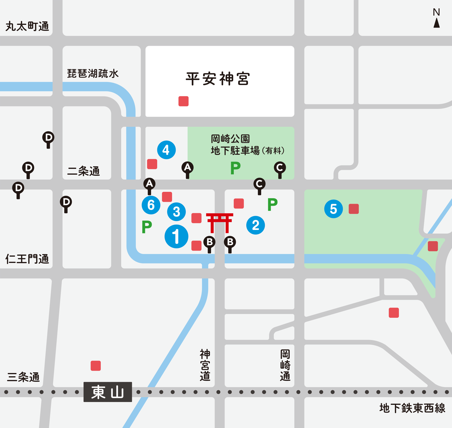 地図。会場のほか、周辺のバス停や多目的トイレの場所を掲載