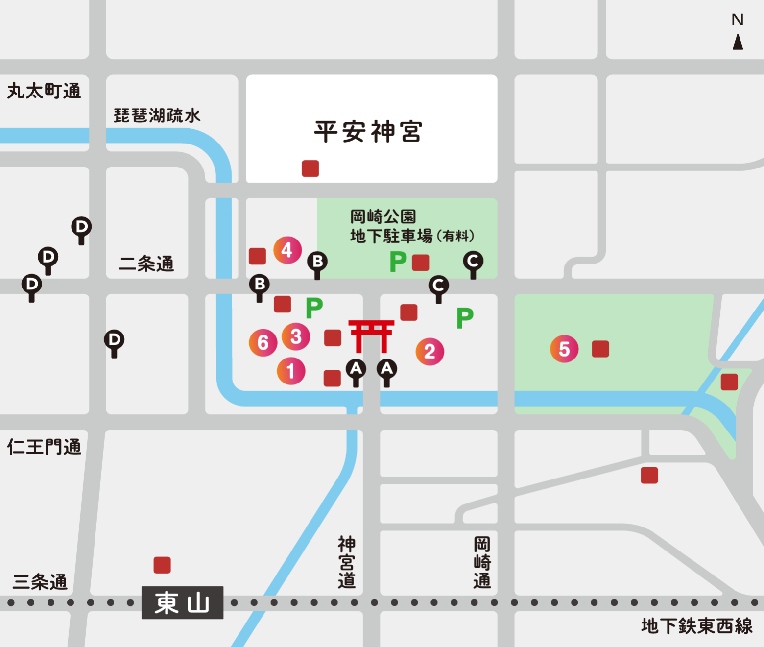 地図。会場のほか、周辺のバス停や多目的トイレの場所を掲載